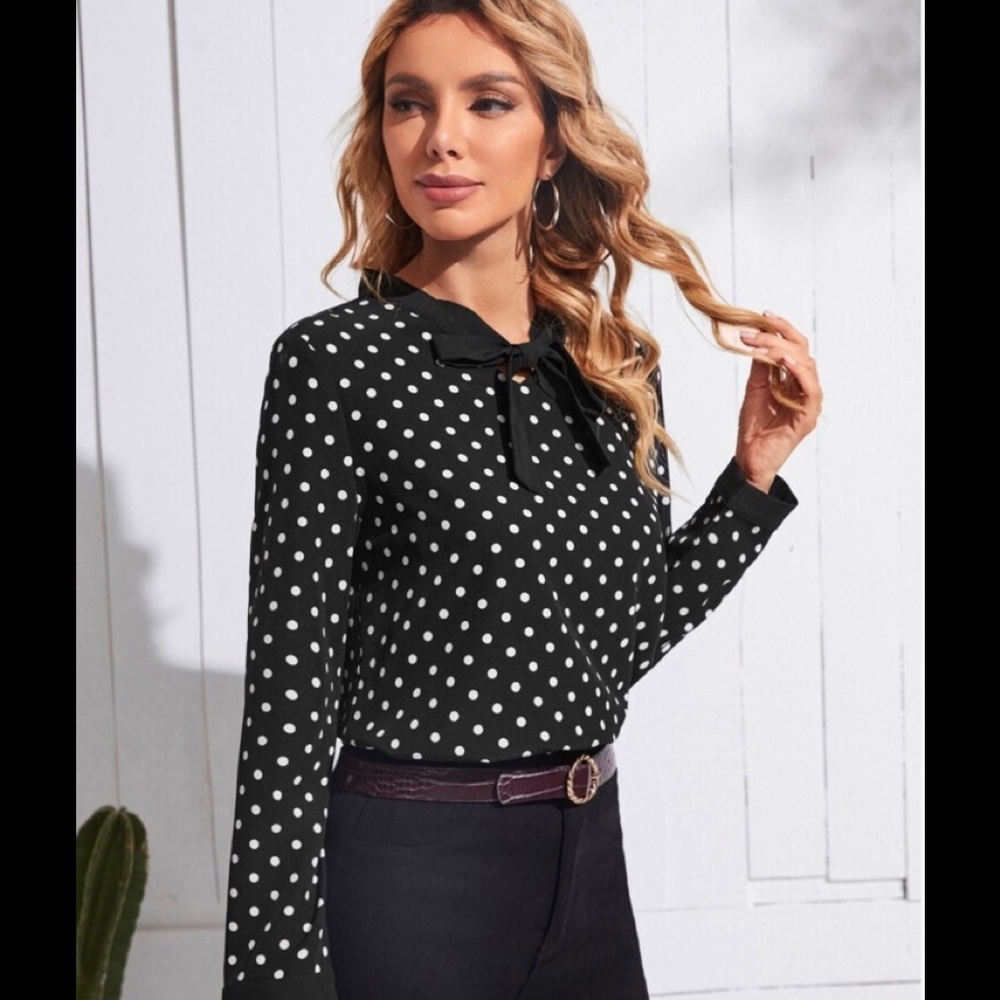 (2 for $15) Women’s Long Sleeve Polka Dot Blouse with Tie Neck.